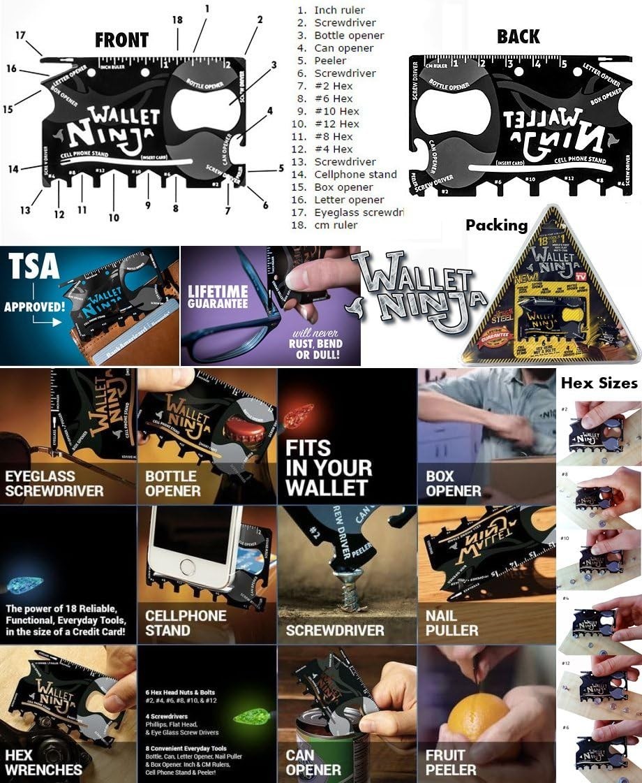 Authentic WALLET NINJA 18 Tools in 1 Flat Multi Tool, Fits in Wallet
