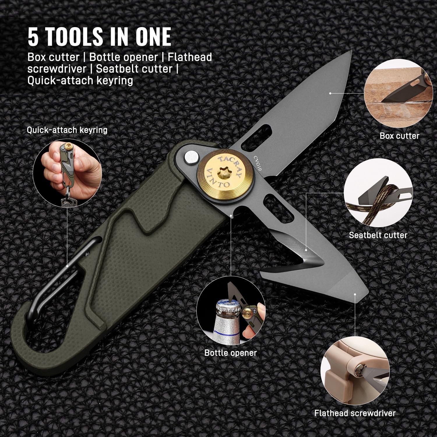 5-in-1 Compact Pocket Knife Multitool – Utility Knife, Seatbelt Cutter, Bottle O