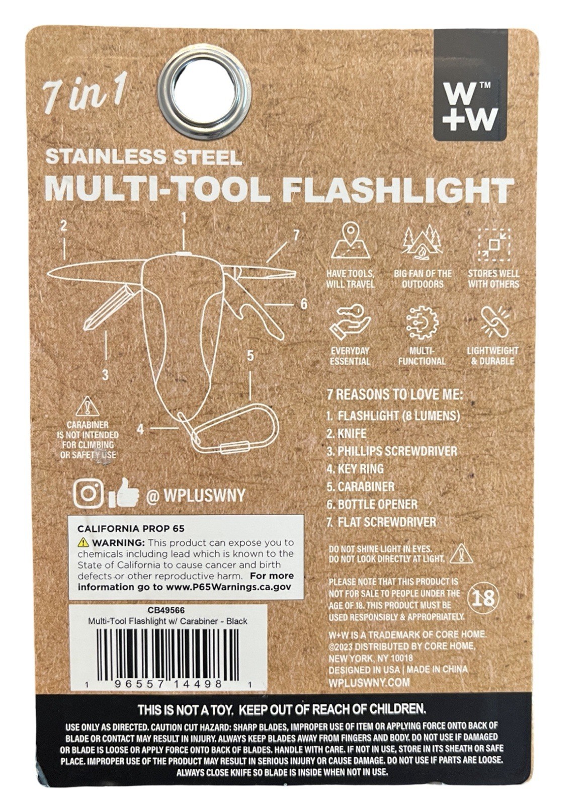 W+W 7-in-1 Stainless Steel Multi-Tool Flashlight with Carabiner – Black