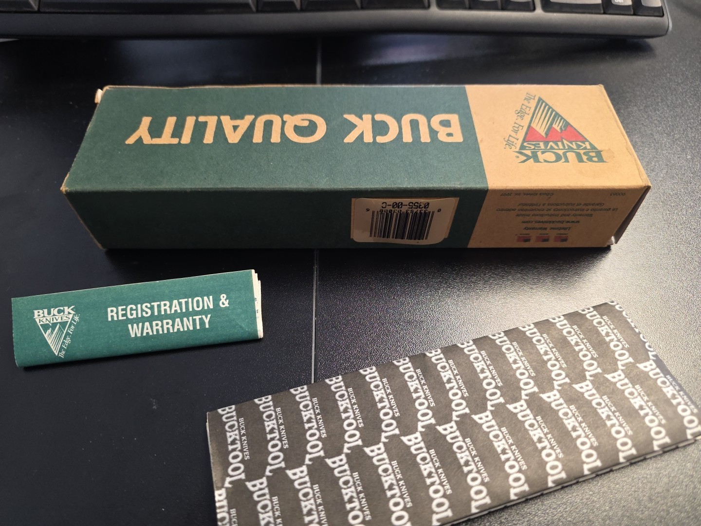 BUCK USA 355 BOX ONLY AND PAPERWORK, 1997 On Box, 1998 On Paperwork BuckTool