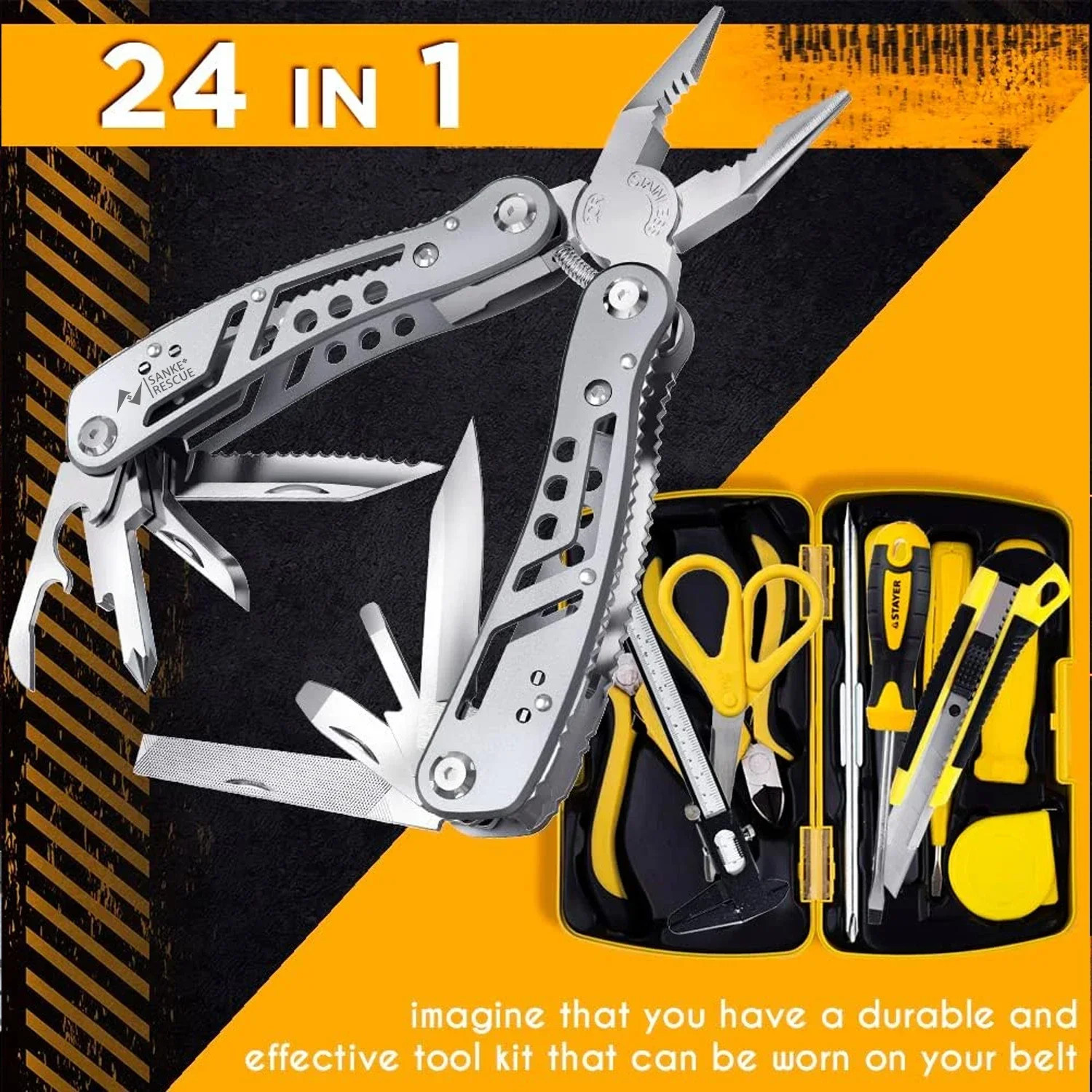 24-in-1 Professional Multitool Pliers Stainless Steel Pocket Tool with Sheath