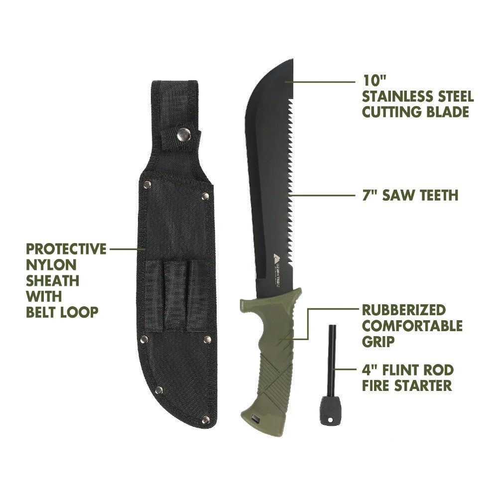 Machete with Saw Teeth Survival Knife Fire Starter Outdoor Camping Hunting Tool