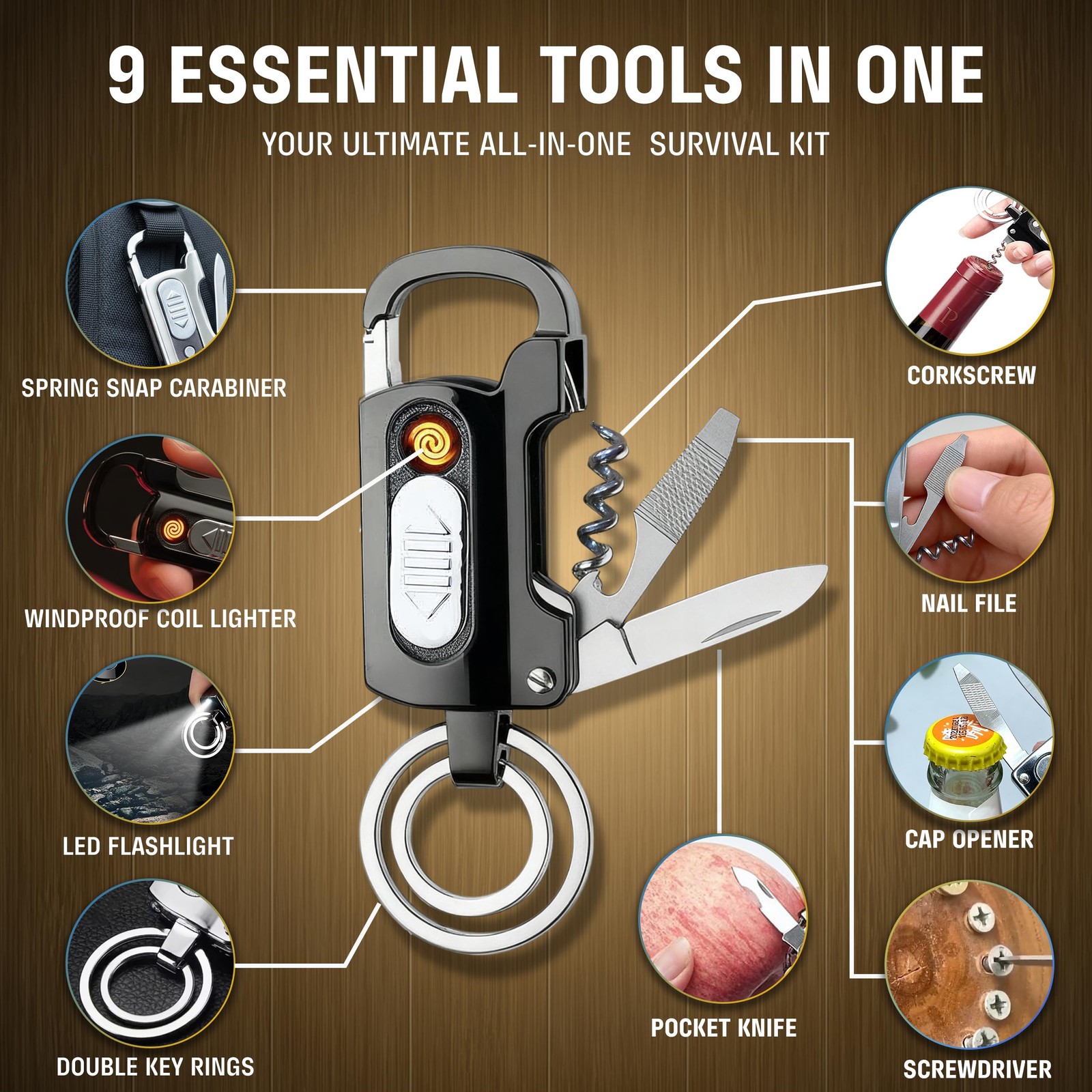 9-in-1 Multitool Keychain with windproof electric plasma coil permanent match…