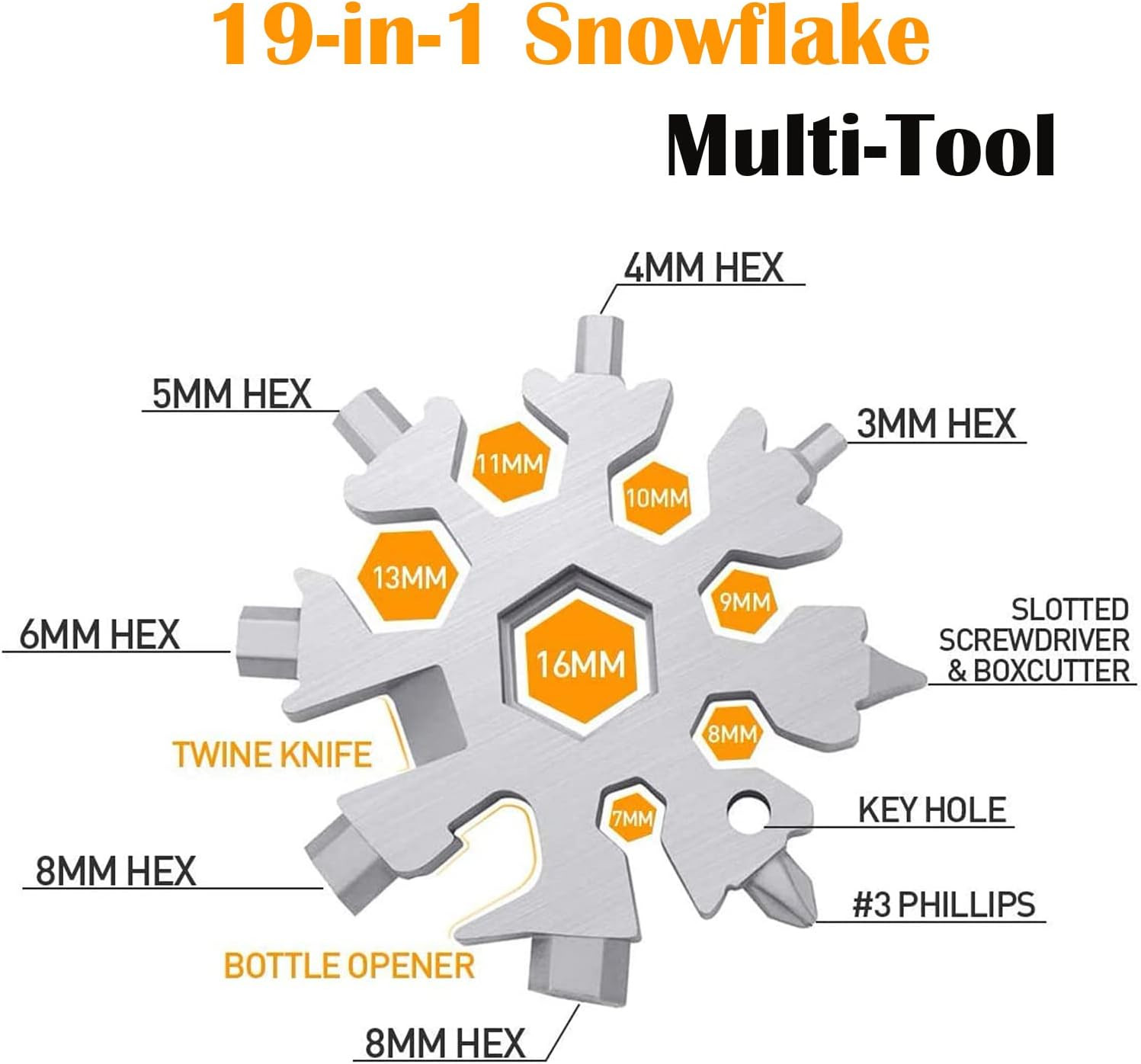 Snowflake Multi-Tool – 19-In-1 Stainless Steel Snowflake Tool with Keychain, Scr