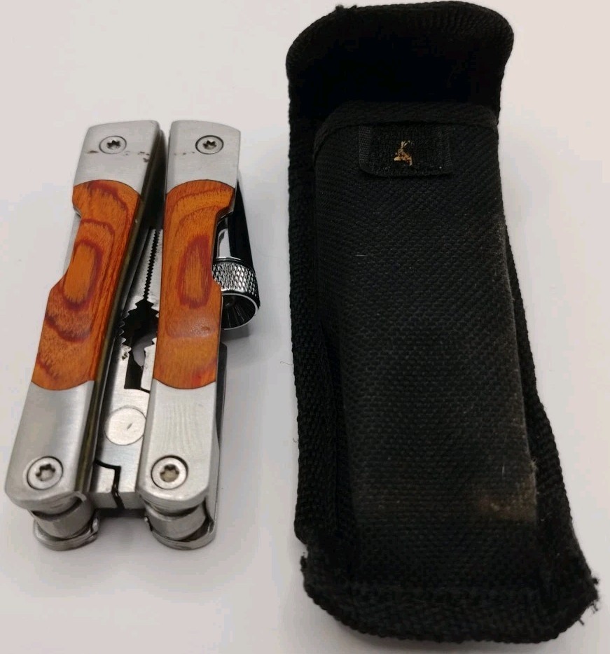 Wood Handle Multi Tool Pliers Knife Screwdrivers LED Flashlight + Sheath