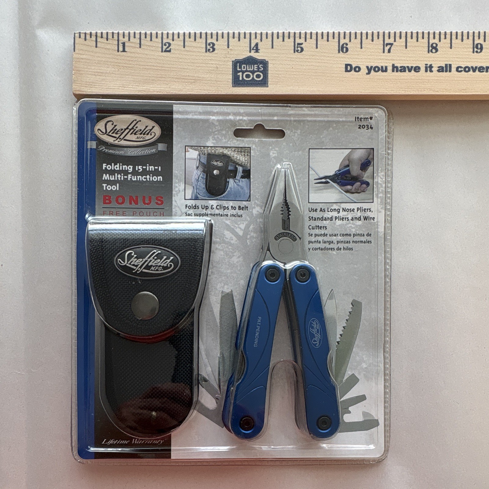 Sheffield 15-in-1 Multi-Tool w/ Sheath Pliers Knife Saw 2″ SS Blade Blue