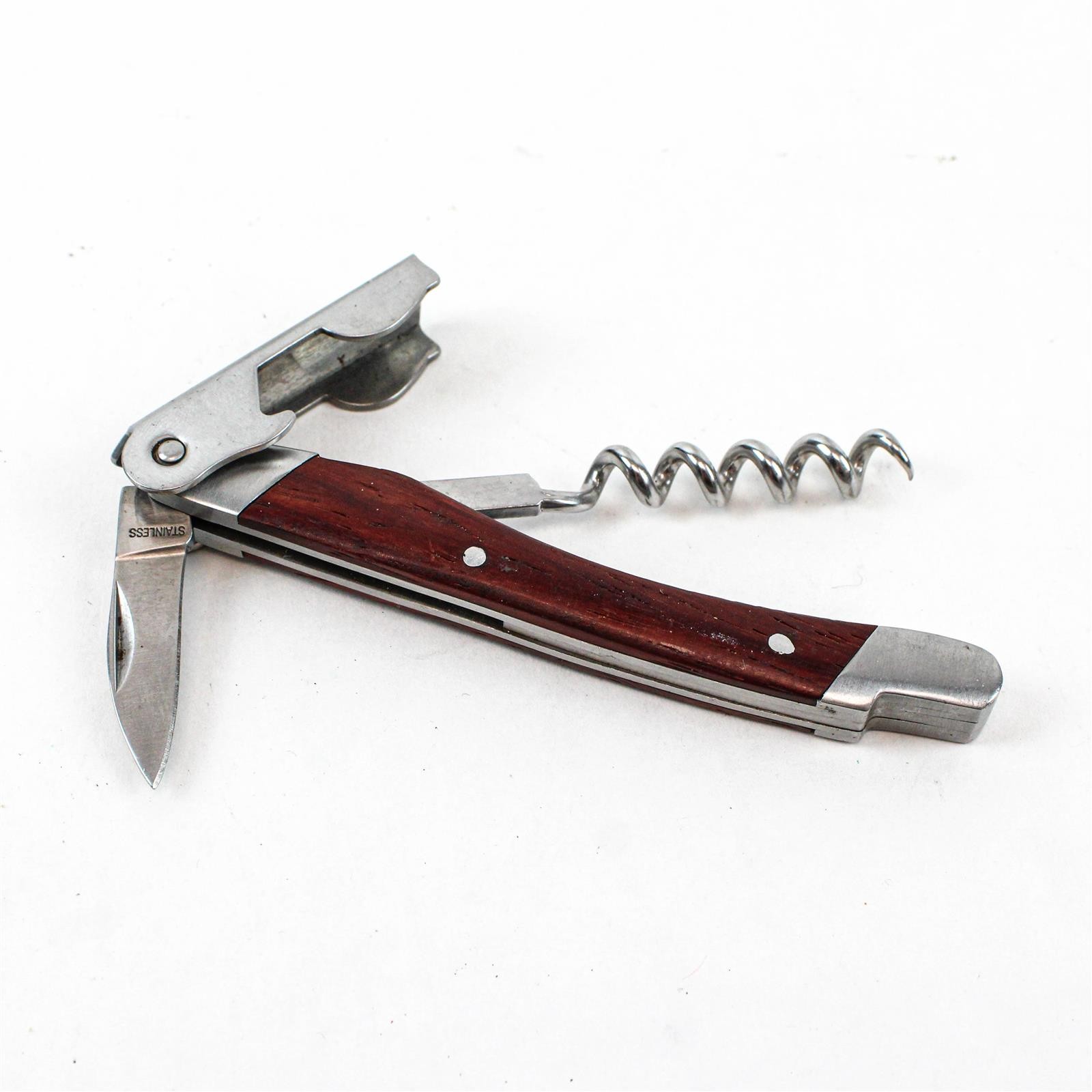 Stainless Steel and Wood Corkscrew Wine Bottle Opener and Knife