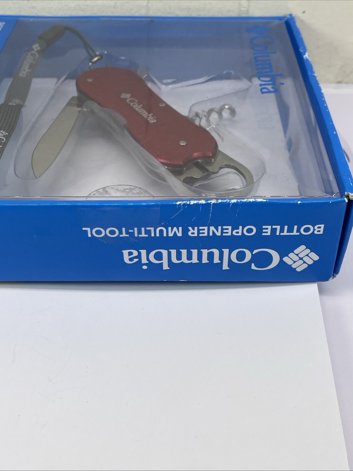 NEW Columbia FIRE RED Bottle Opener Pocket Knife Multi-Tool w/Lanyard In Box