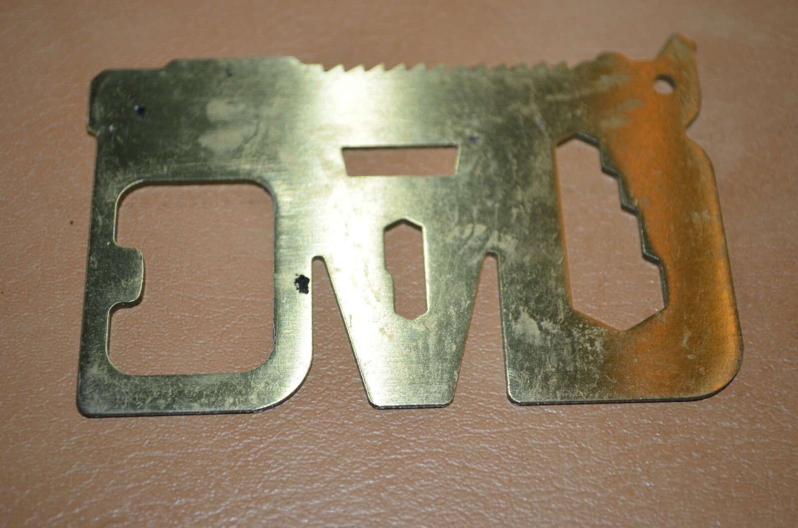 Wallet Size Multi Survival Tool Metal Thin Larger Size, Gold Tone Hunting Camp