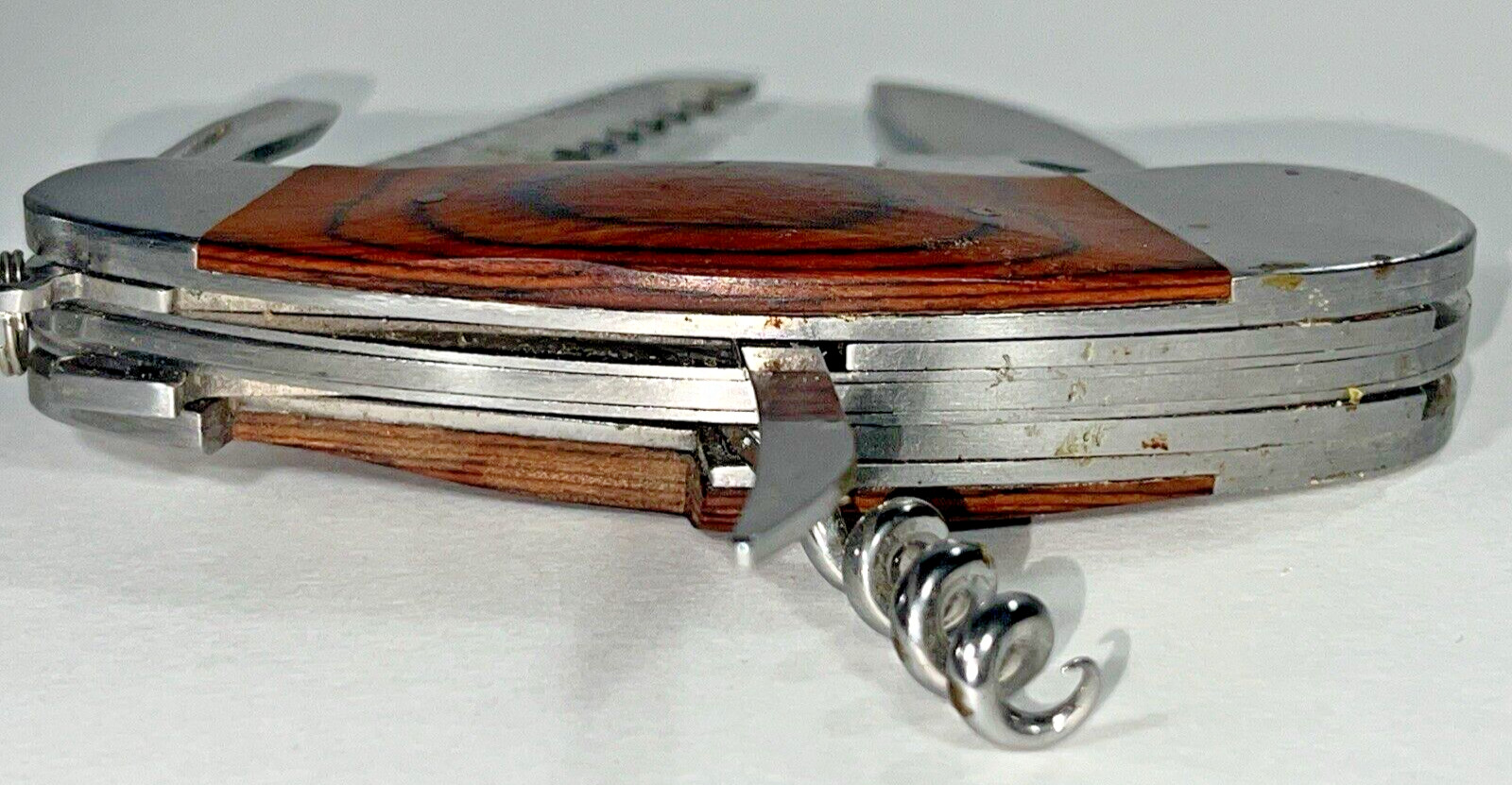 Camping Knife Wooden Handle with 7 Different Tools Attached with a Hanging Ring