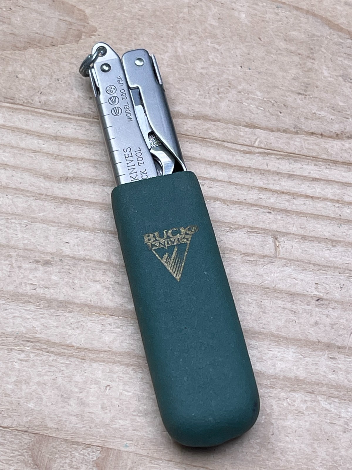 USA Buck Knives MiniBuck Tool Satin Model 350 with Green Rubber Pouch