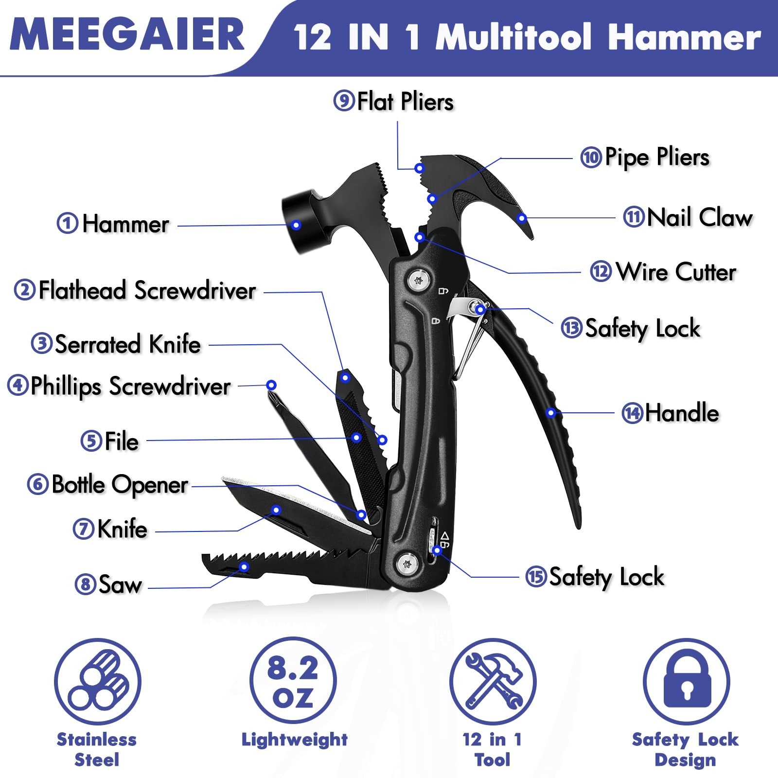Black Hammer Multitool Gadget Gift For Men Husband Birthday Carrying Case