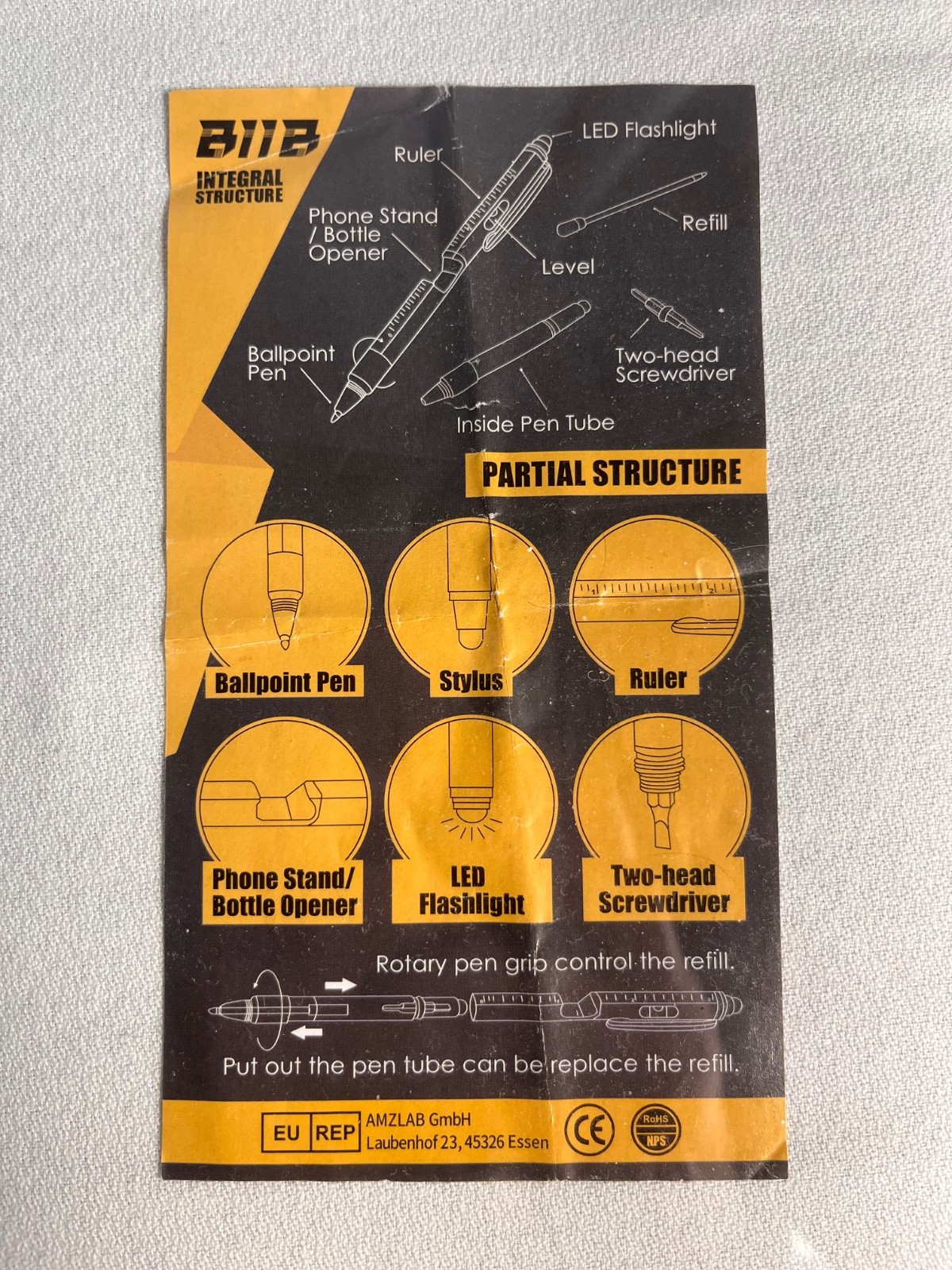 Unused Multi-tool Pen 9-in-1 functions with batteries and ink refills (in box)