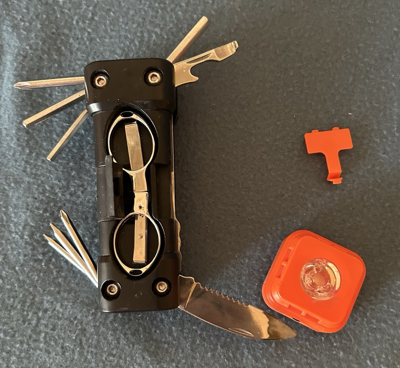 Black 8-in-1 Camping Multi-Tool w/ Serrated 1″ Knife, Scissors, Wrench, LED