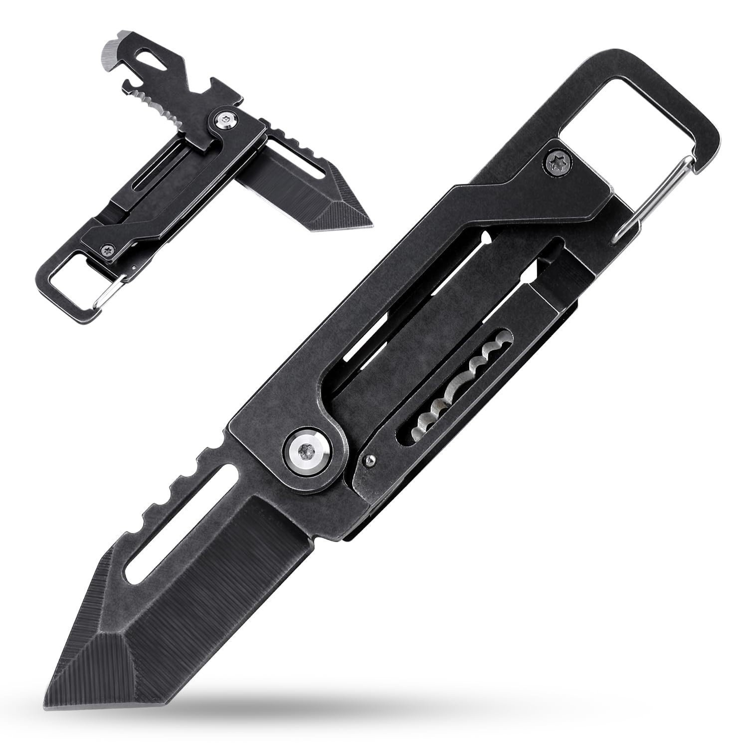 Multitool Keychain Knife with Carabiner, Tanto Pocket Knife, Box Cutter, Opener