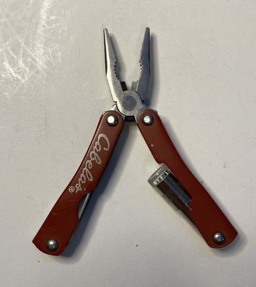 Cabela’s Red Mini Multi Tool Folding Pliers with LED Light(tested) No Sheath