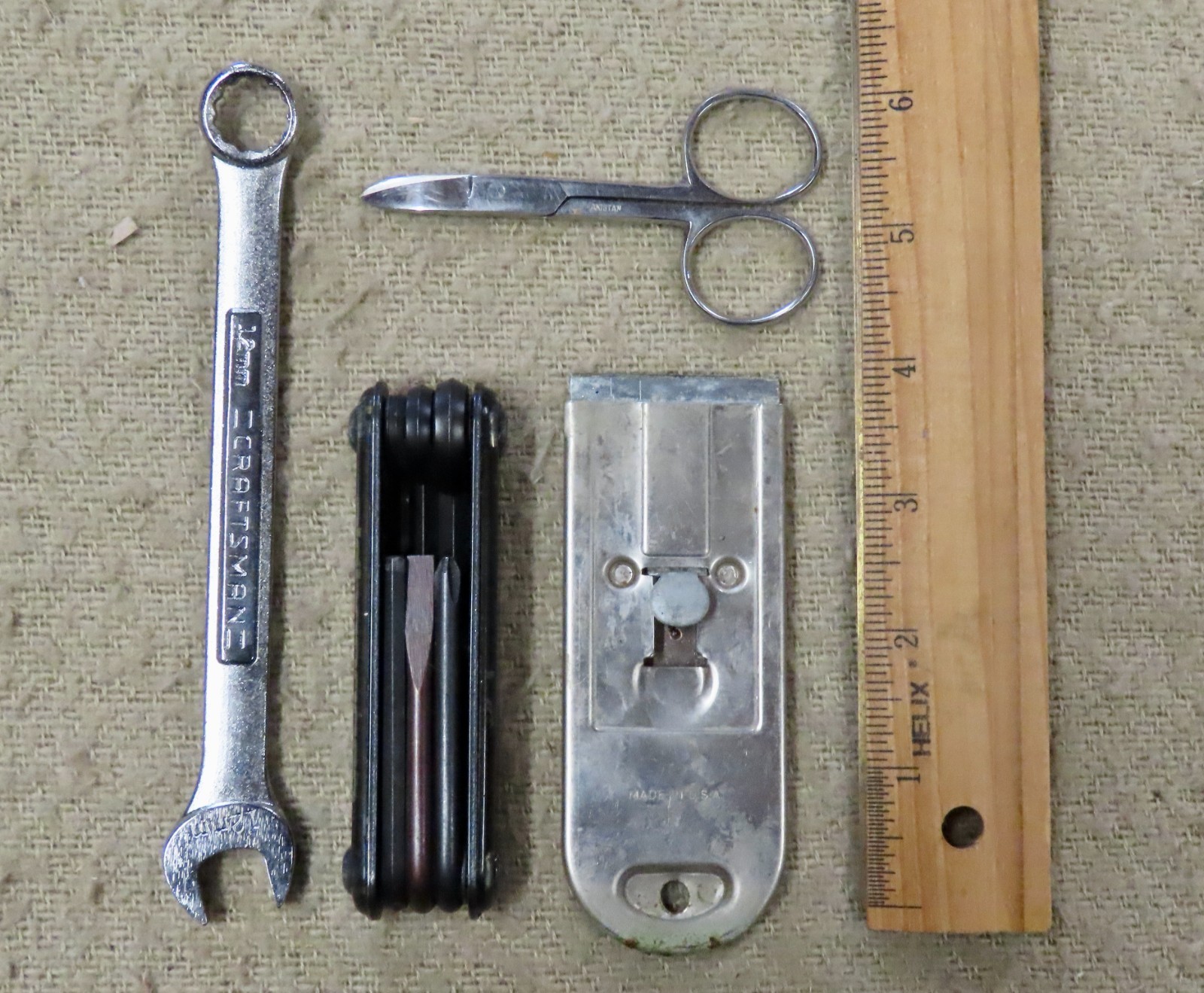Lot of Nine Contemporary Tools,Small Level,Tire Gauge, Scissors, Allen Set, More