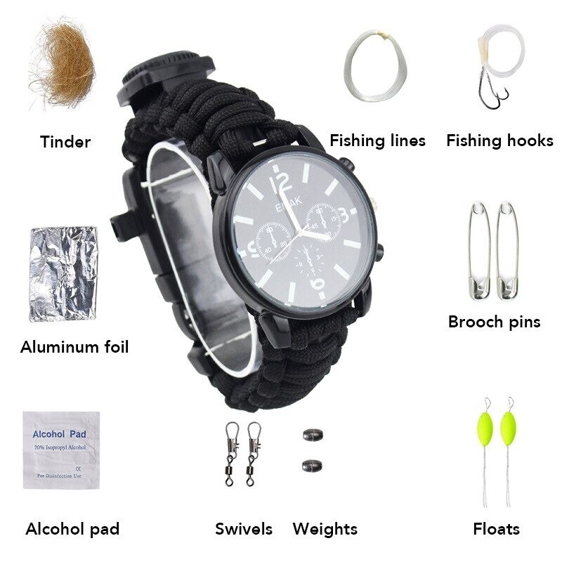 Emergency Survival Outdoor Watch Analogue Compass Paracord Flint And Steel Kit