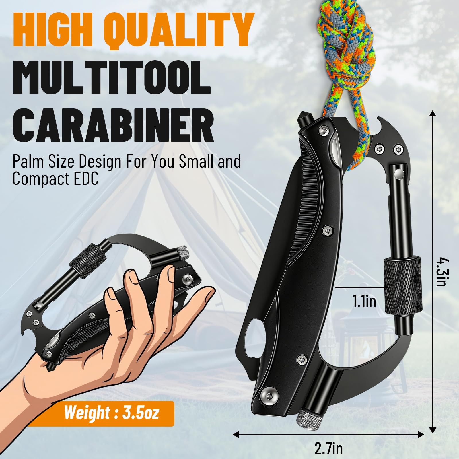 Carabiner Multitool with Pocket Knife, 7-in-1 EDC Carabiners with Folding Kni…