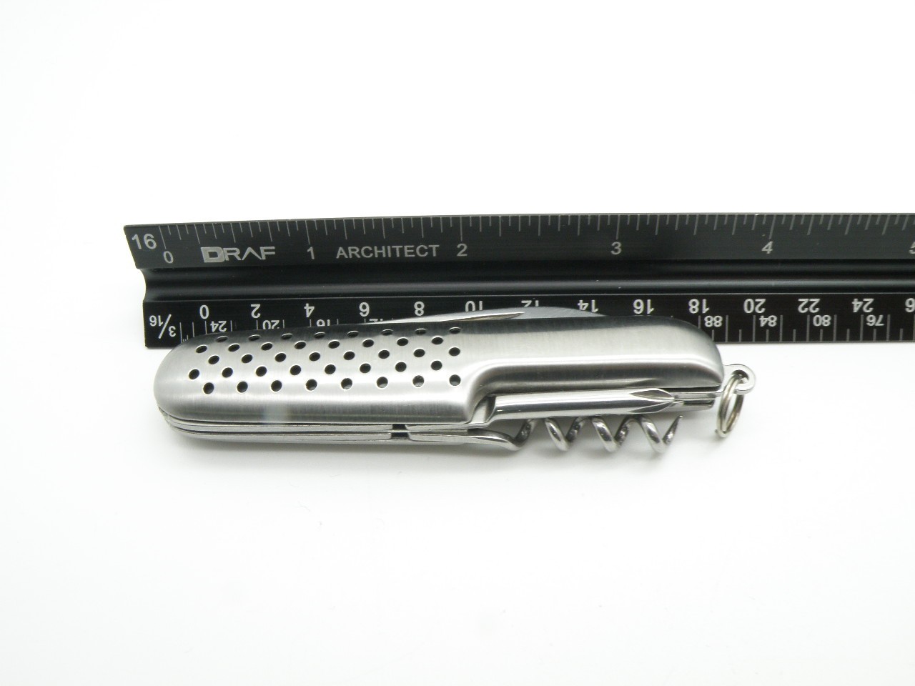 Vintage Silver Tone Multi-Tool Pocket Knife Stainless Steel Perforated Handle