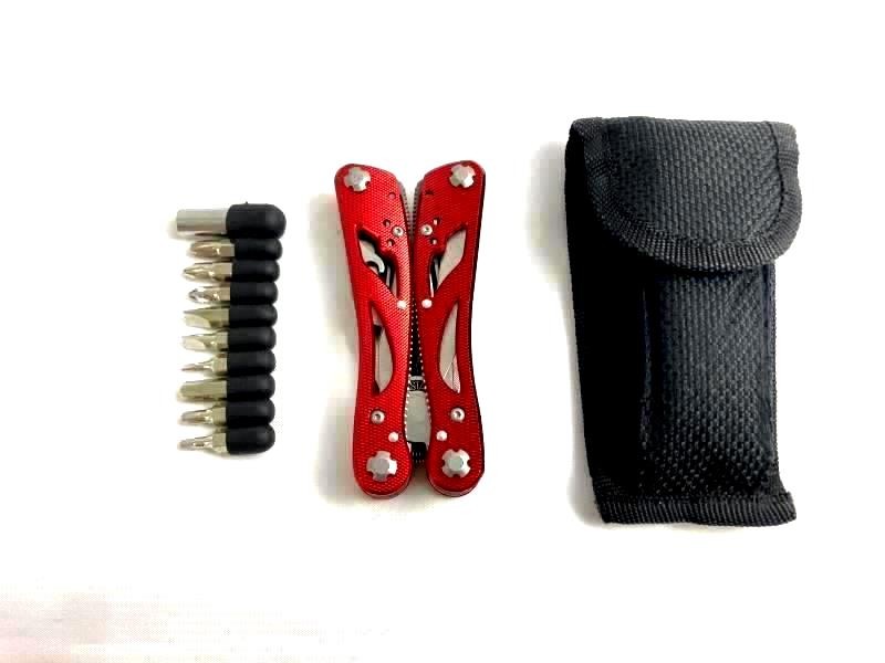 Red Stainless Steel 8-Tool Multitool with Screwdriver Bit Set & Carry Case