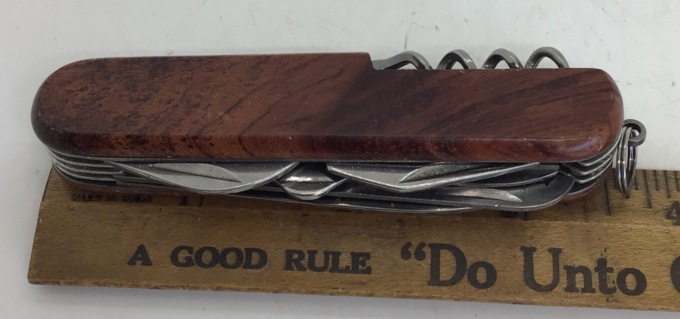 MULTI Function CAMPING TOOL KNIFE Swiss Army Style Wood Grain Engraved “WAYNE”