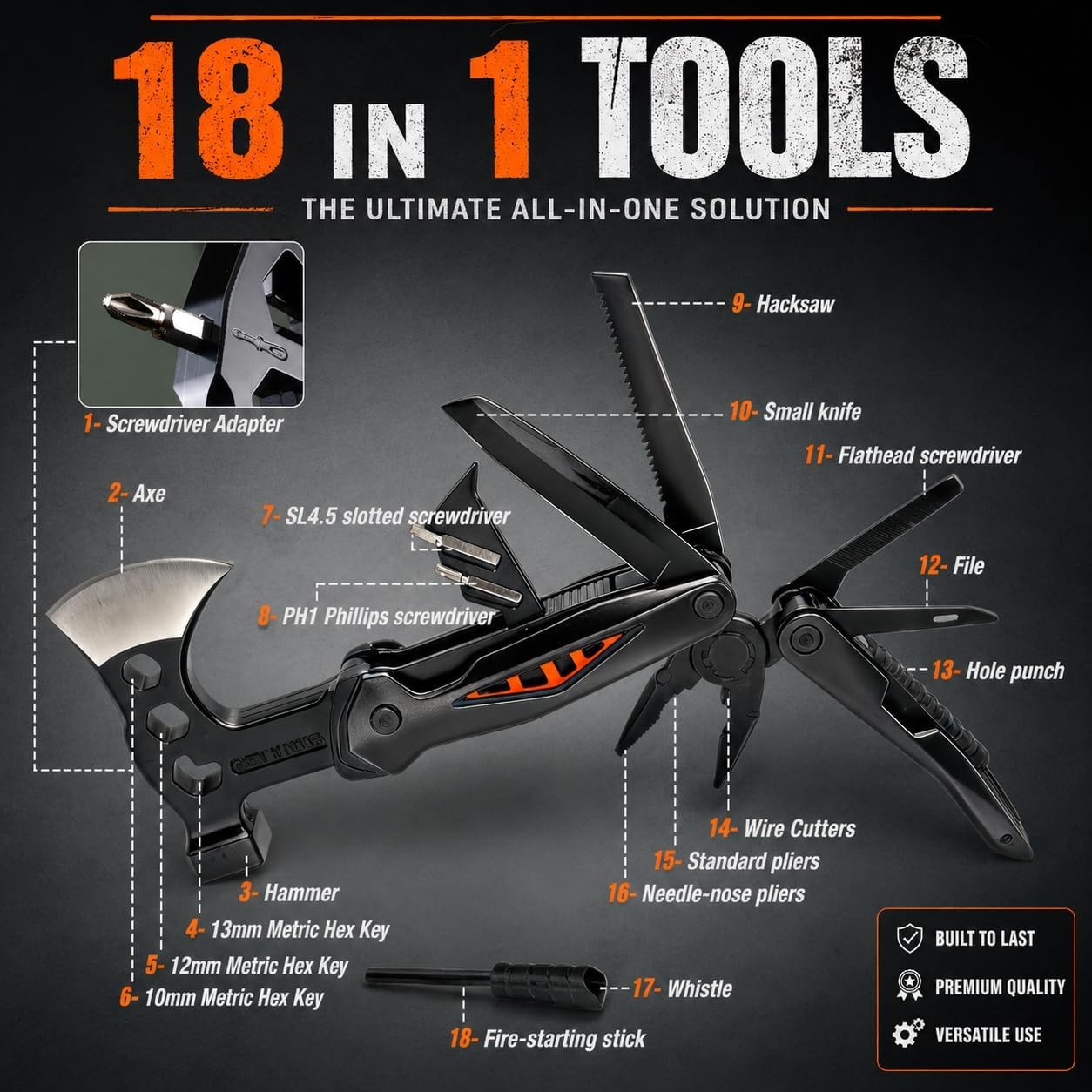 18-in-1 Multitool Hatchet Camping Axe W/ Hammer & Knife W/ Protective Sheath