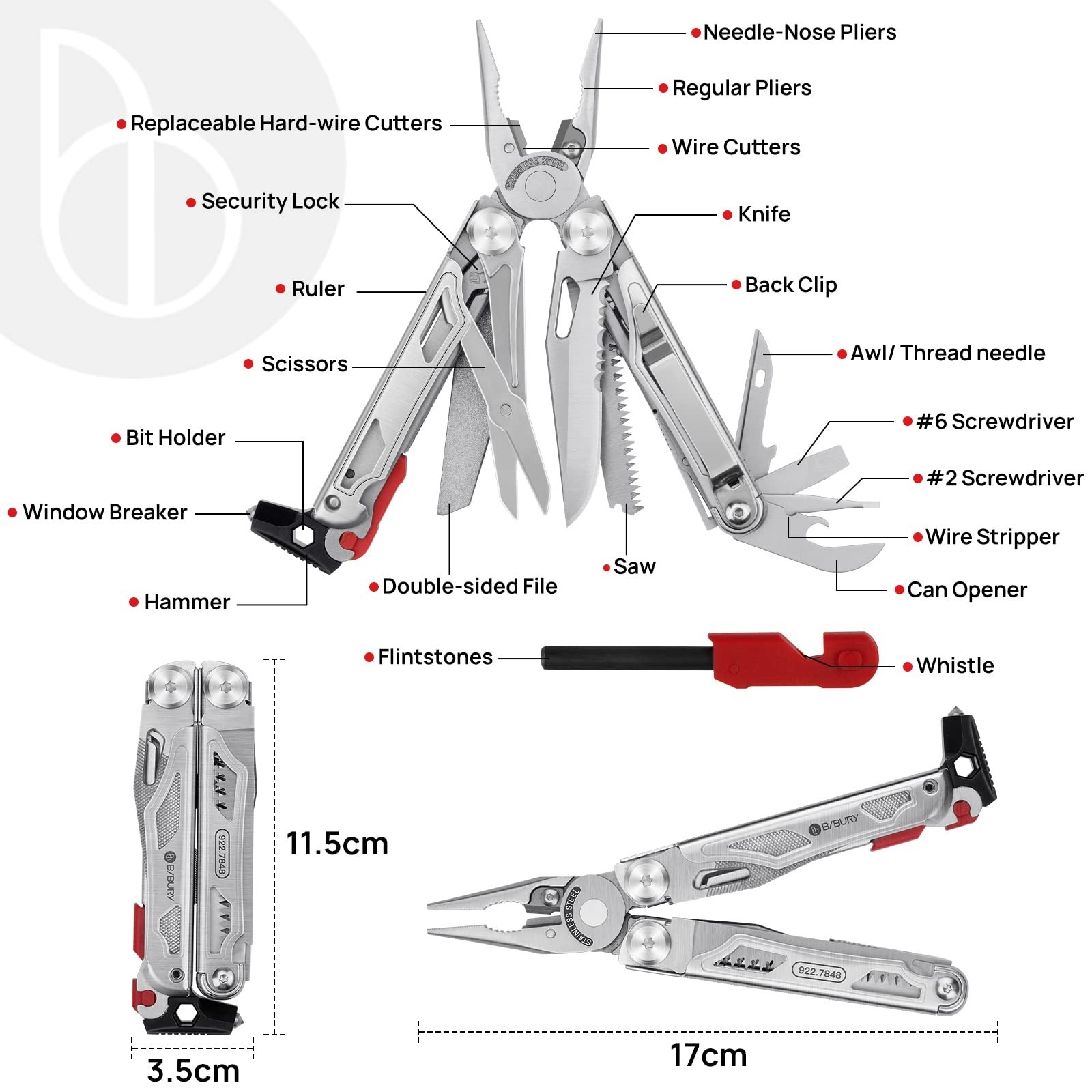 22-in-1 Stainless Steel Multitool Pliers, EDC Survival Tool with Scissors, Flint