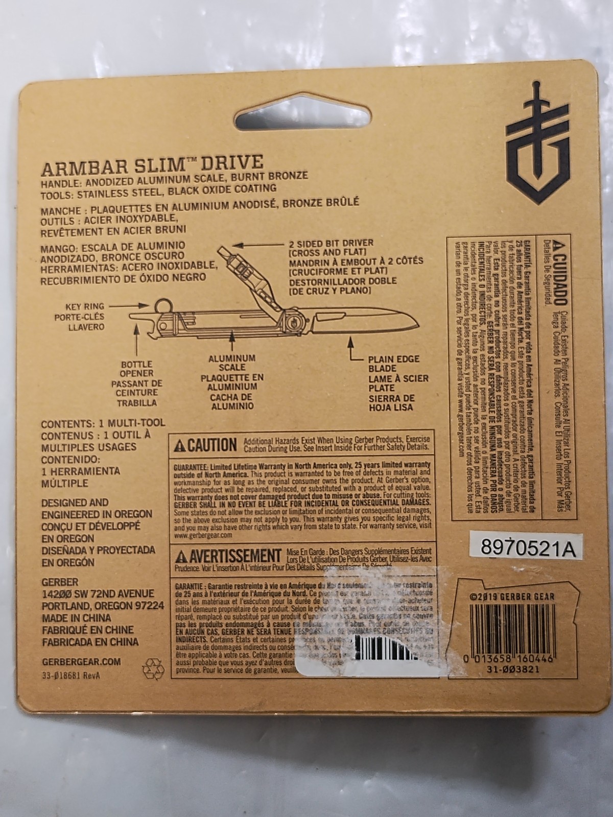 Gerber Armbar Slim Drive Multi Tool – 4 Tools – Color: Burnt Bronze – New Sealed