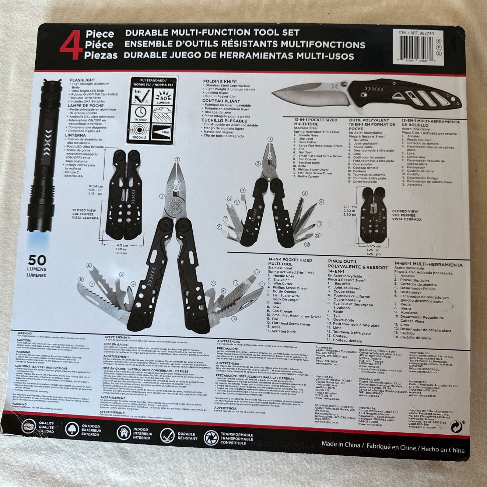 FOUR PIECE 14IN1 & 13IN1 MULTI-FUNCTION SNAP TOOL SET FOLDING KNIFE FLASHLIGHT