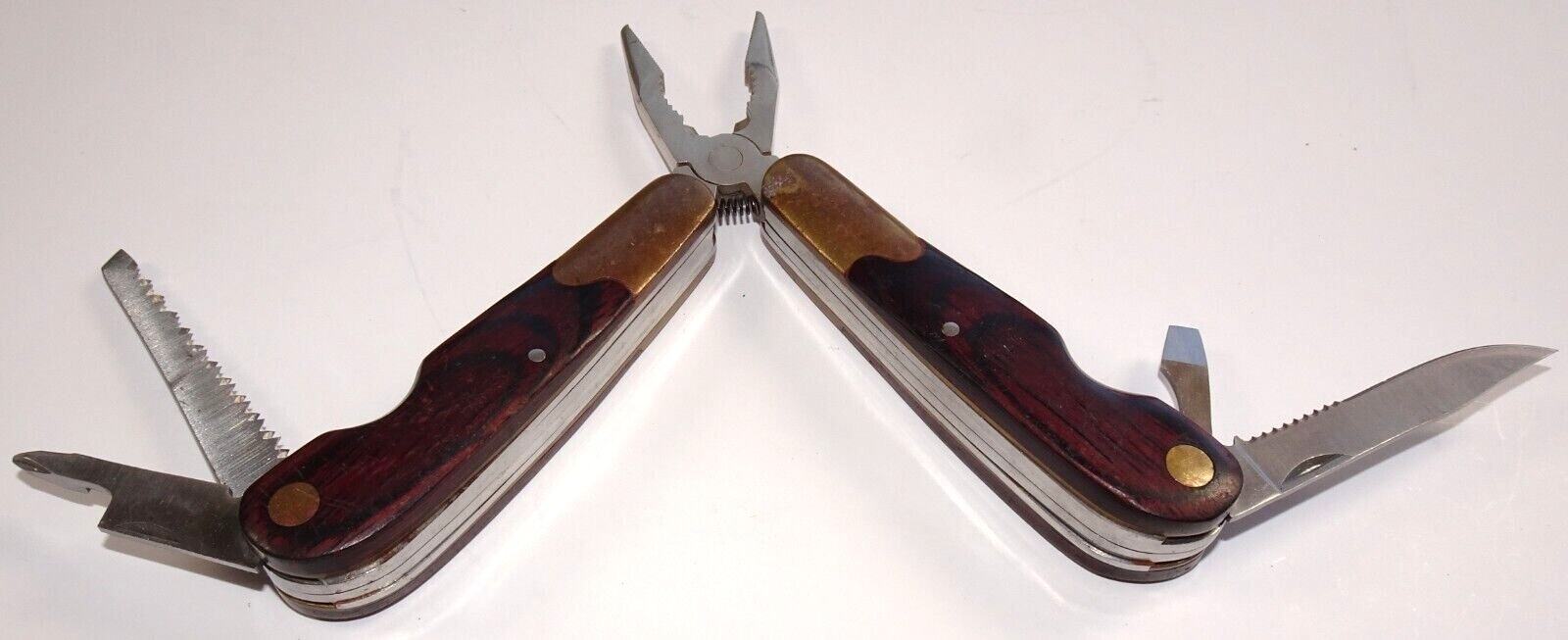 Husky Multi-Tool Knife Pliers Screw Drivers Ruler Saw Wood and Brass Handle