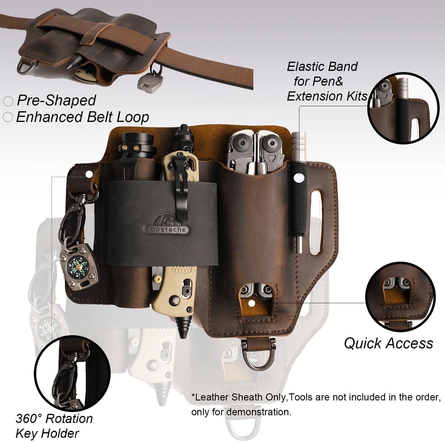 Leather Multitool Sheath – EDC Belt Organizer with 3 Pockets, Dark Brown