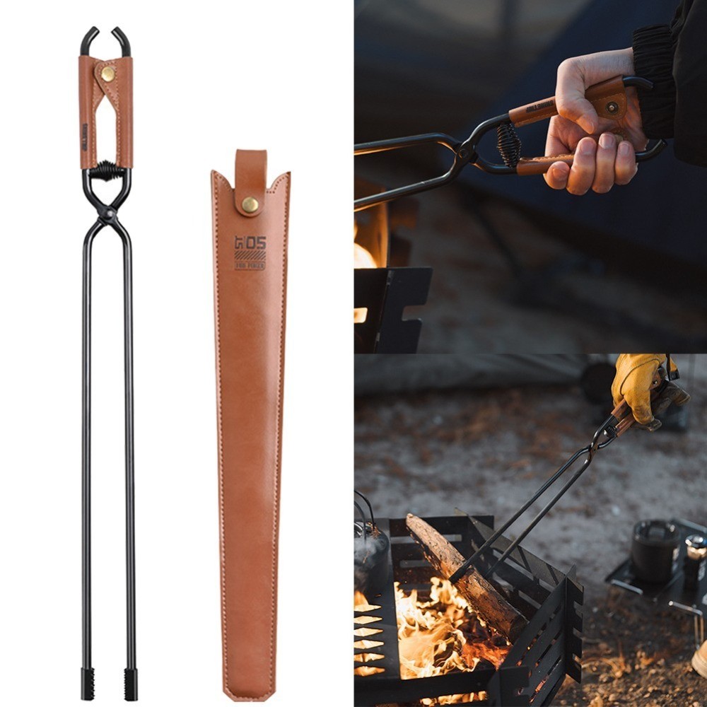 For Carbon Steel Camping Charcoal Tongs Bonfire BBQ Firewood Clip Leather Handle