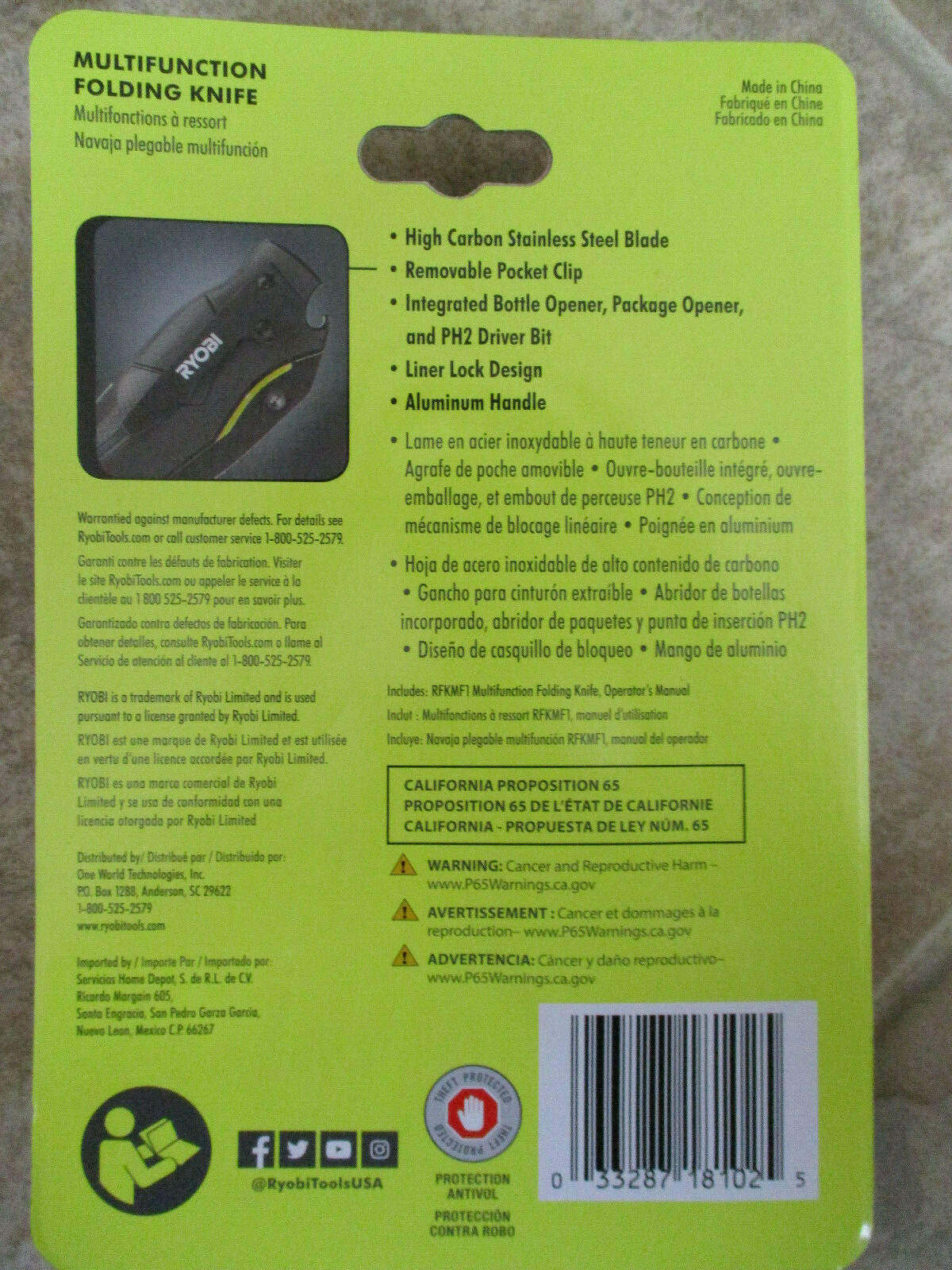 Ryobi MultiFunction Folding Knife Stainless Steel Blade Package & Bottle Opener