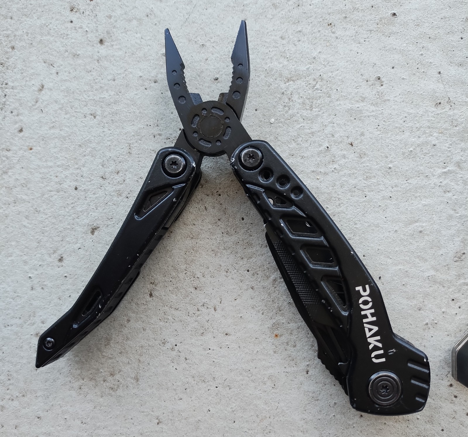 POHAKU BLACK & SILVER MULTI TOOL PLIERS KNIFE, SAW BLADE, FILE, ETC. LOT OF 2