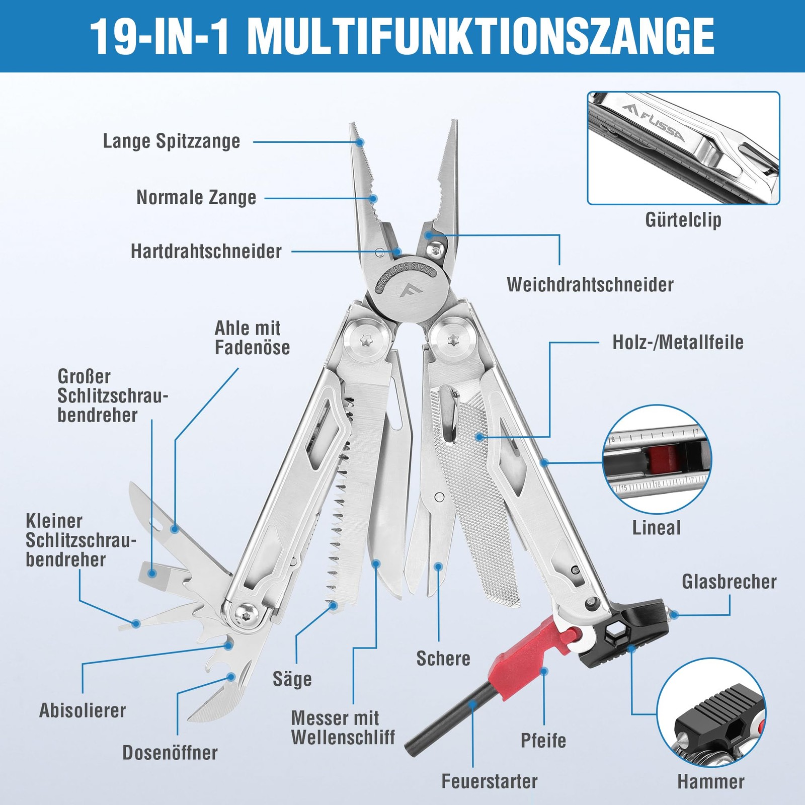 Multifunction Pliers 19in1, Multitool with Glass Breaker and Fire Starter, Foldable…