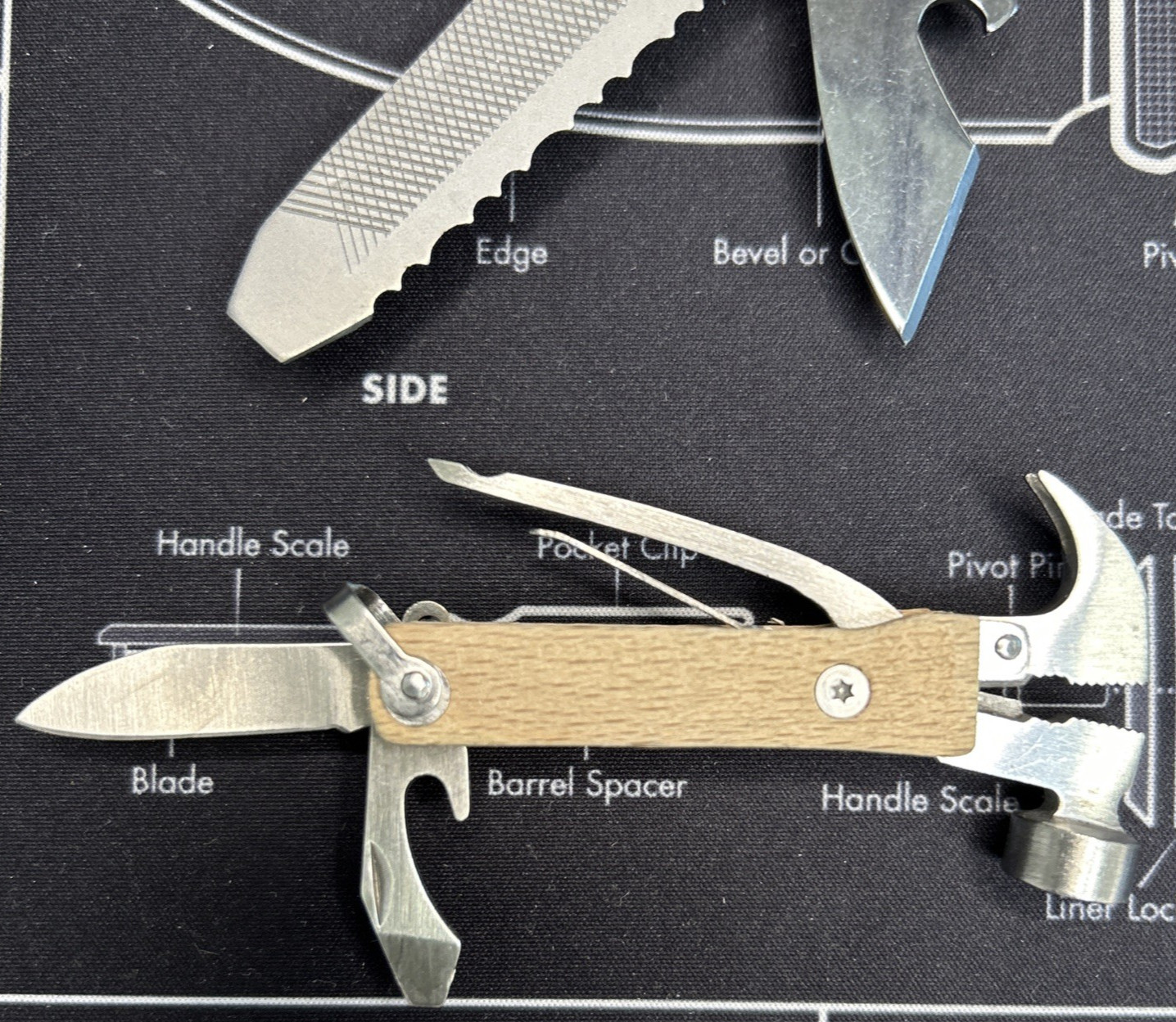 Lot of 3 Wood Handle Hammer Folding Compact Multi Tools Knife Saw & More VGUC