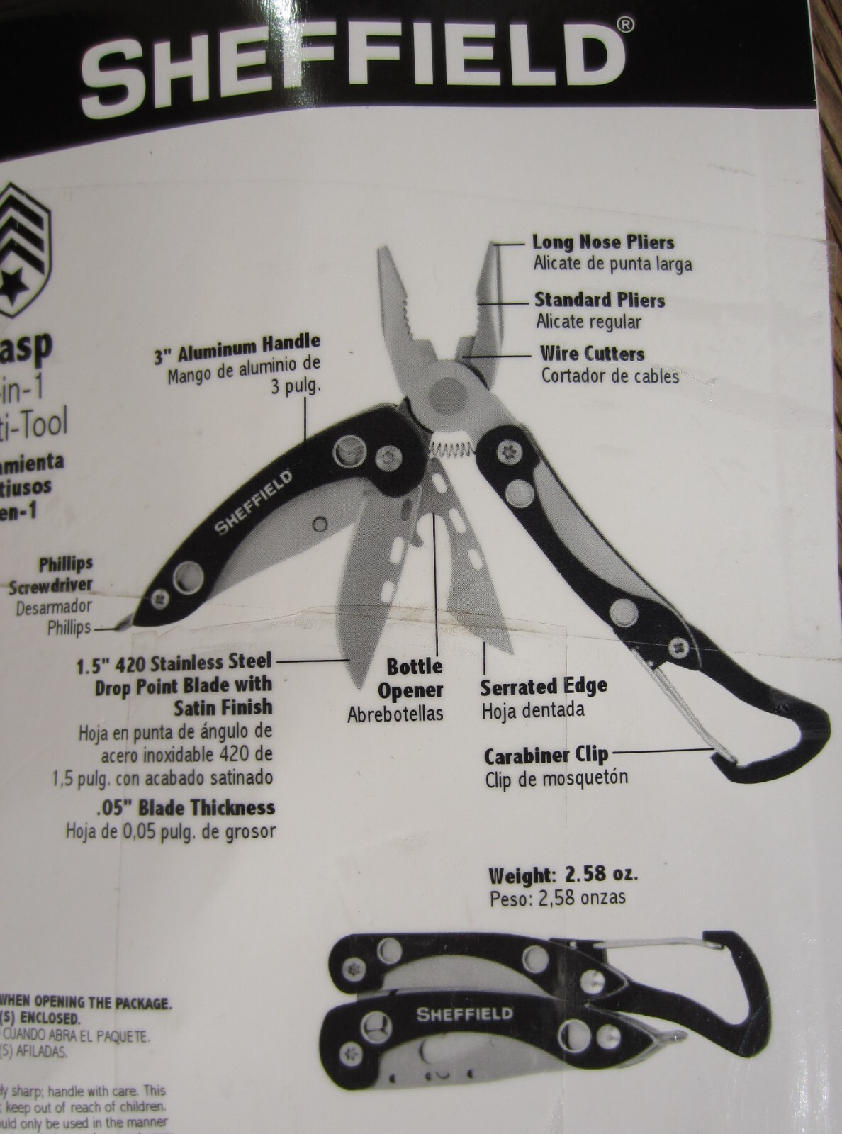 Sheffield WASP 8-in-1 Multi-Tool,1.5″ 420 stainless steel, 3″ alumin handle