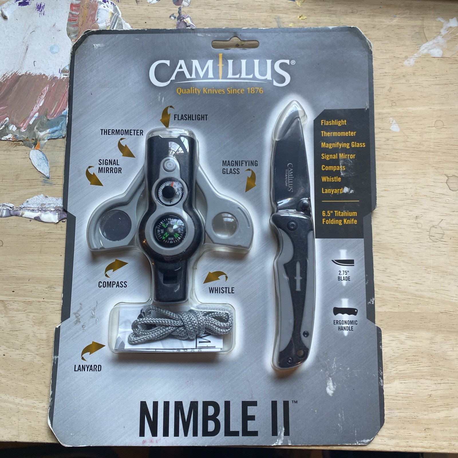 CAMILLUS NIMBLE II GIFT SET 6.5” TITANIUM FOLDING KNIFE & FLASHLITE-COMPASS-NIB