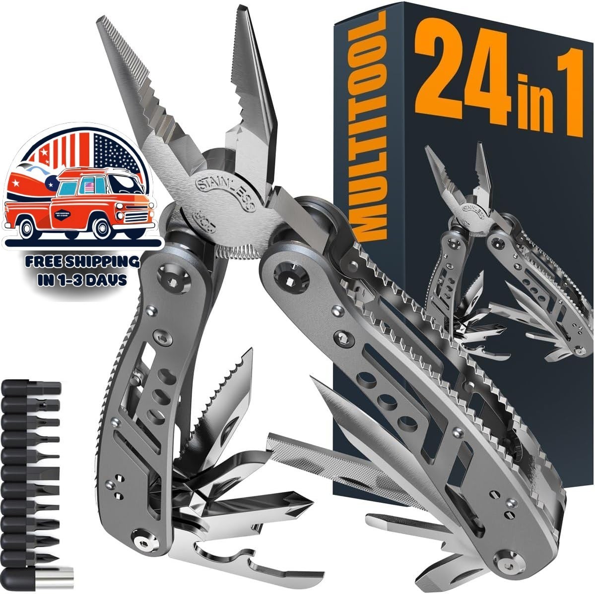 Multiherramienta 24 En 1 Con Cuchillo, Alicates Y 11 Puntas De Acero Inoxidable