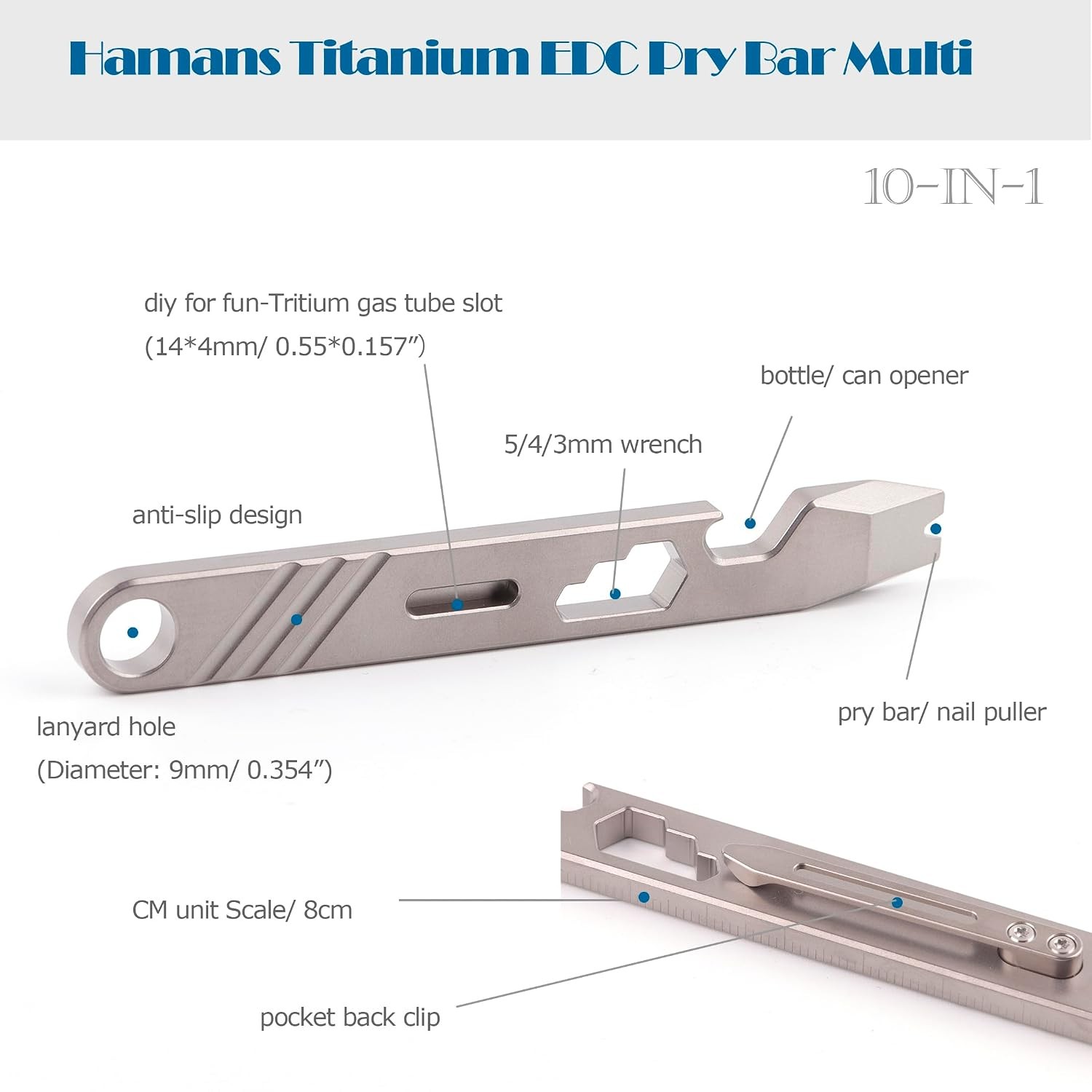Titanium Pry Bar Bottle Opener Multi Tool with Clip 10-in-1 Gear