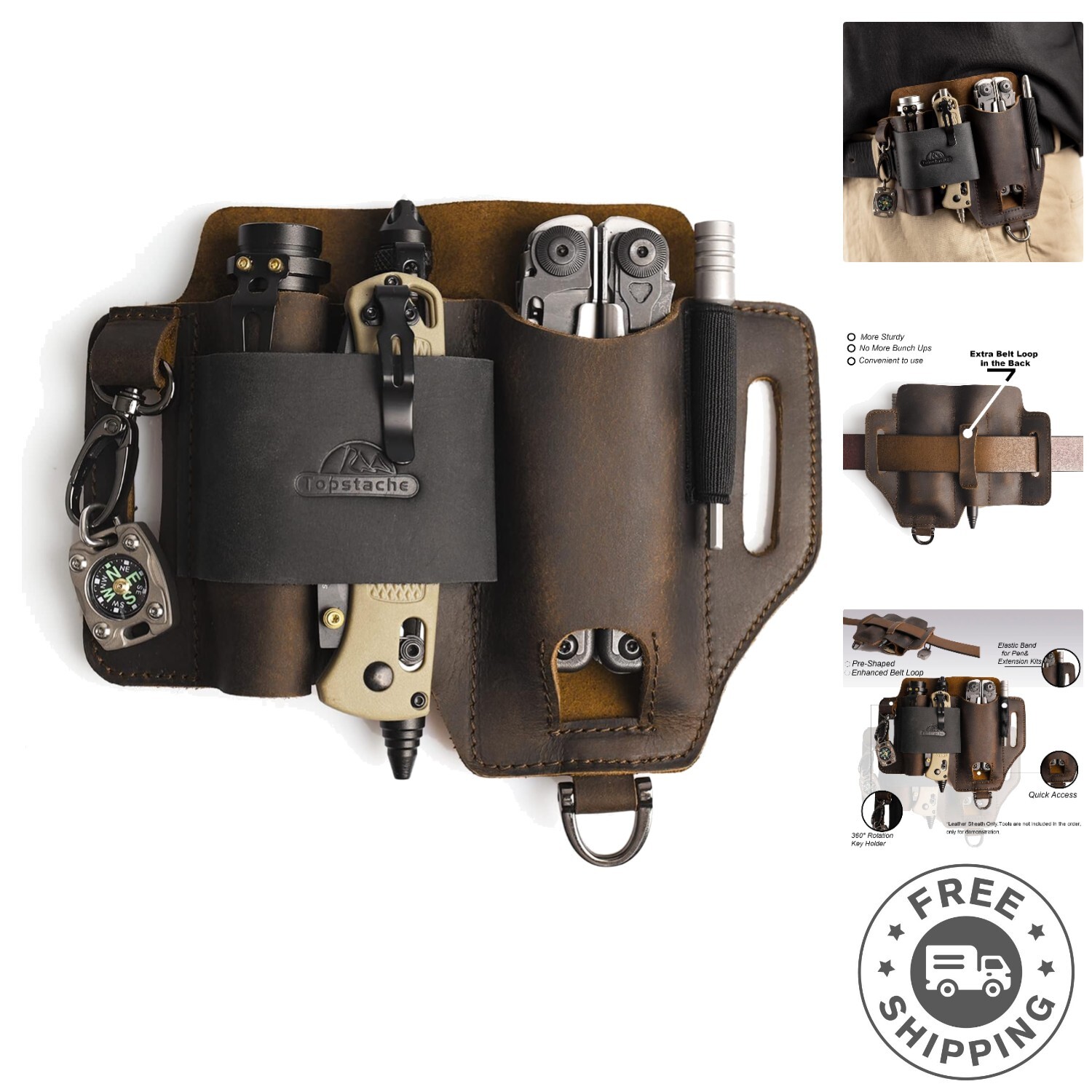 Dark Brown Leather Multitool Sheath with 3 Pouches – Perfect EDC Organizer