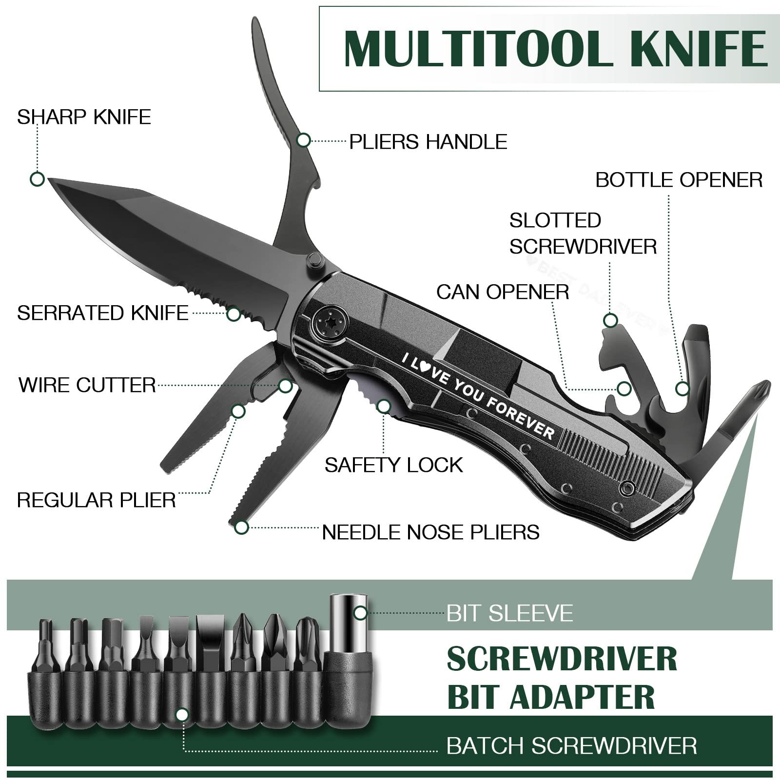 Gifts for Boyfriend Husband,Multitool Pocket Knife “I LOVE Black