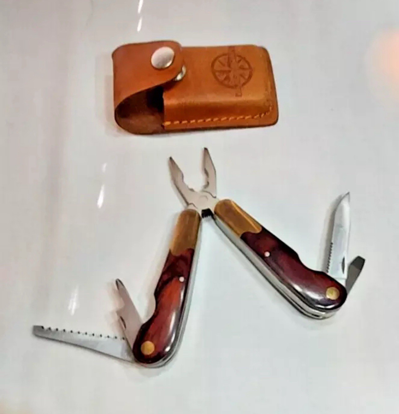 Guidesman Multi-Tool,Pliers & More,Leather Belt Sheath Rosewood & Brass