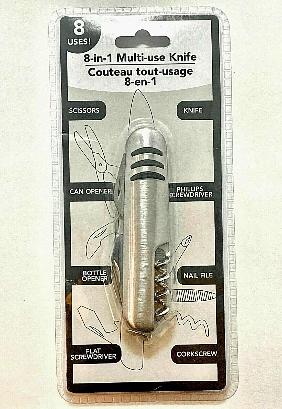 Multi-Use Knife Utility Hand Tool 8-in-1 Can Opener Blade Corkscrew NEW SEALED
