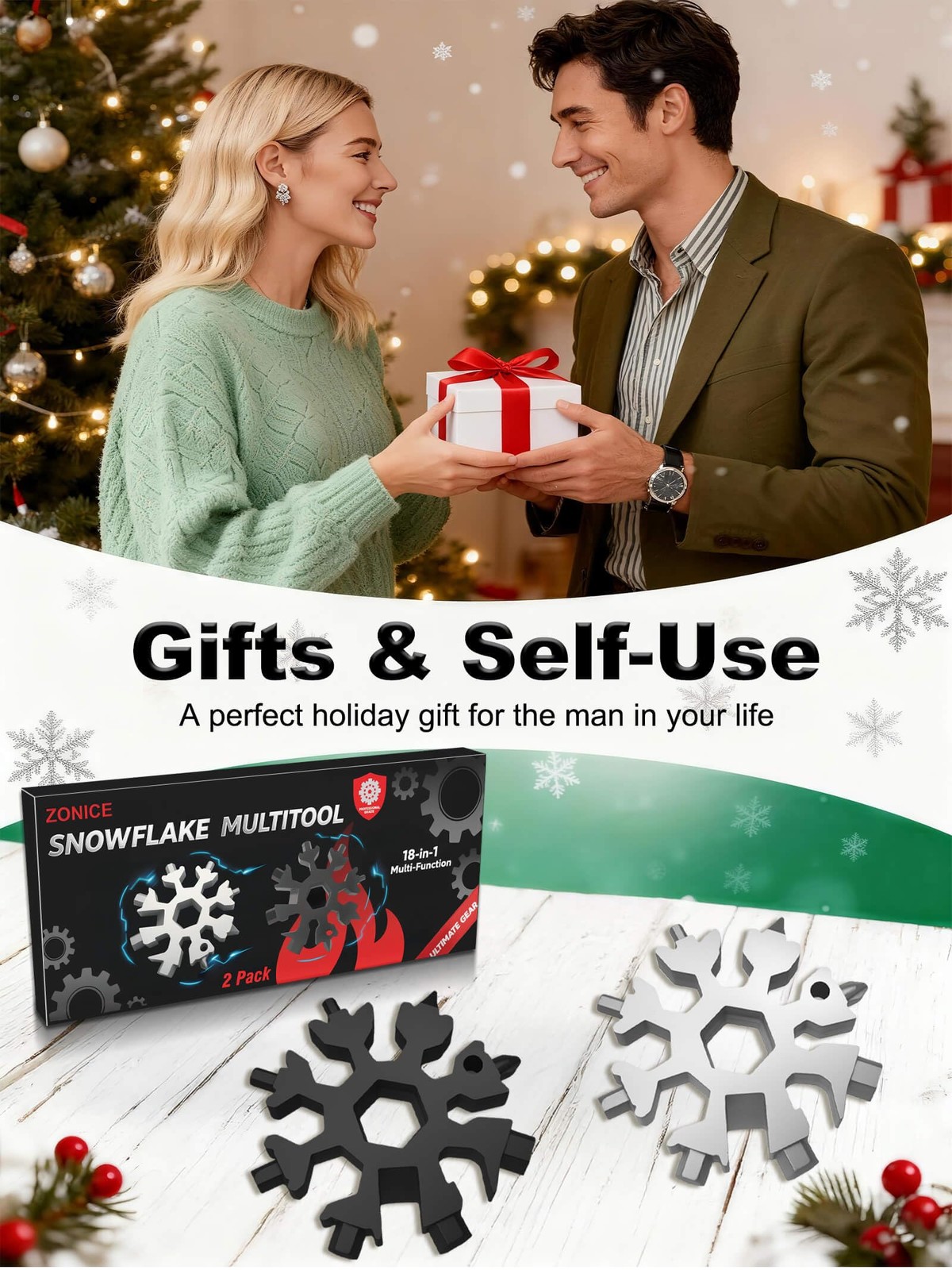 ZONICE 18-in-1 Snowflake Multi Tool – Stainless Steel with Silver + Black