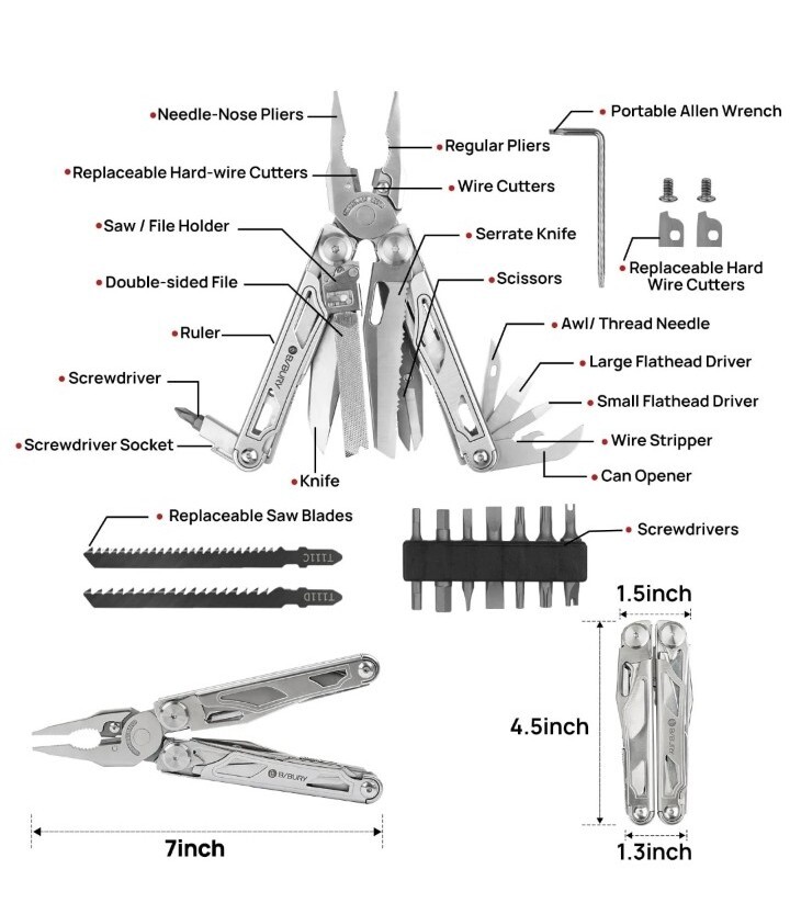BIBURY Multitool Pliers, Stainless Steel Multi Tool Pliers with Replaceable W…