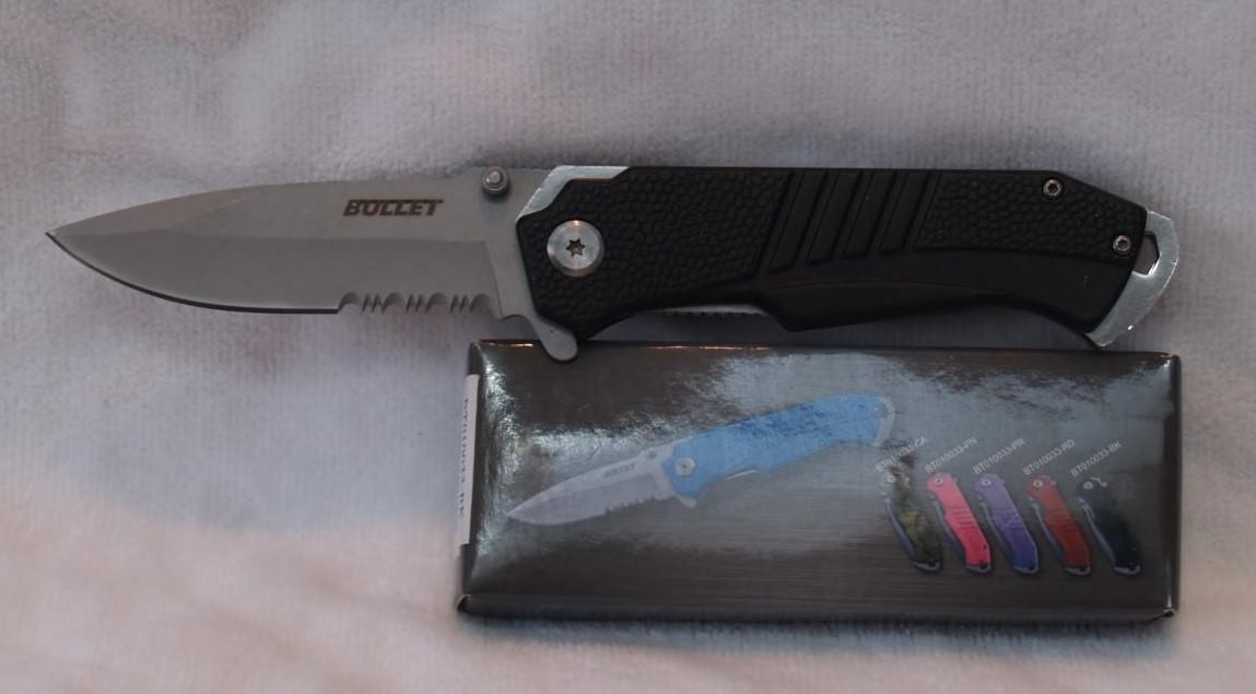 BLK BULLET KNIFE 7 3/4″ OPEN 3 1/4″ SERRATED BLADE 4 1/2″ CLOSED STAINLESS STL