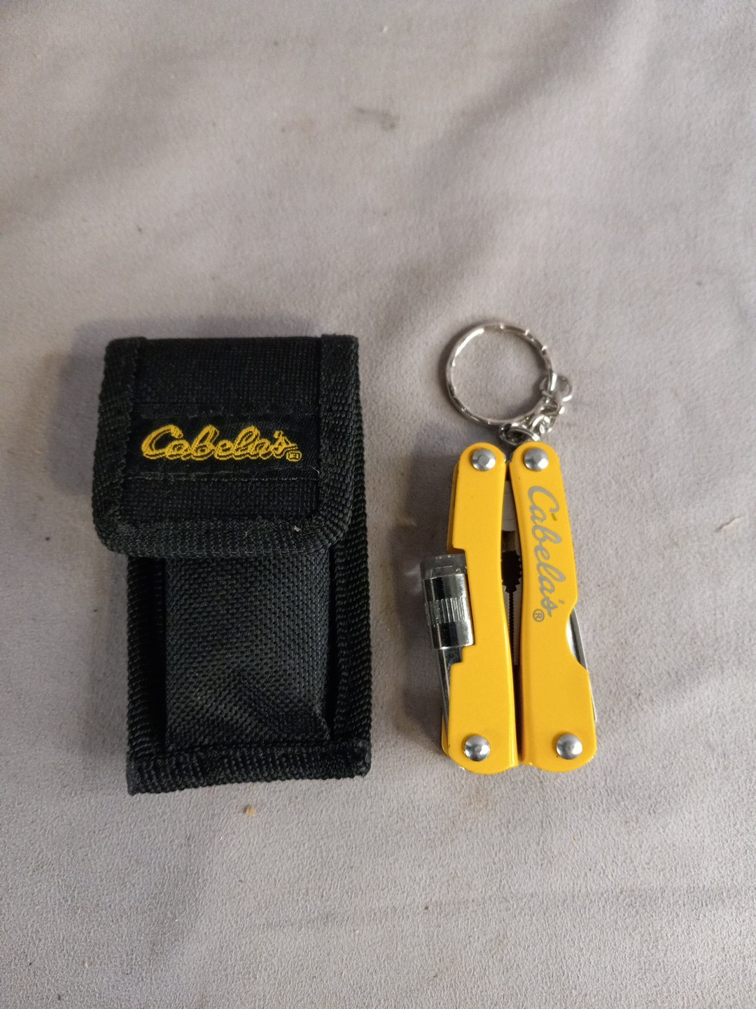 Cabelas Yellow Mini Multi-Tool With LED Light Tool With Belt Carrying Case