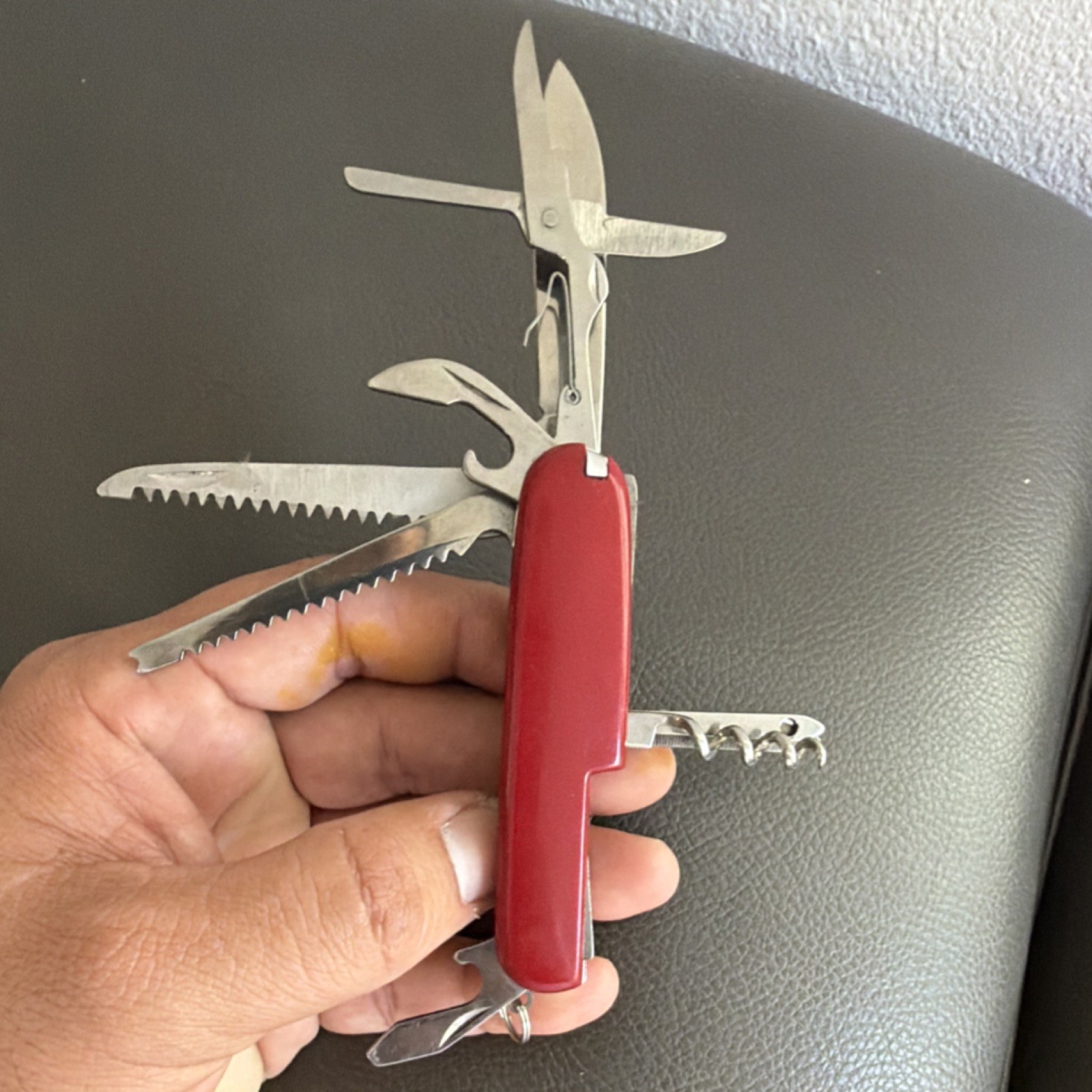 Red Multi-Tool Pocket Knife, 8 Tools, Stainless Steel, Straight & Serrated Edge